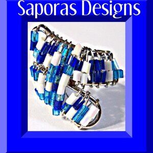 Handmade Size 7 Ring With Blue & White Beads Silver Tone Finish Native Tribal